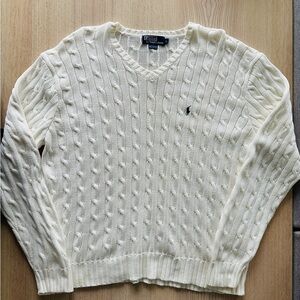 Polo Ralph Lauren Cable Knit Sweater V-Neck Size L Cream EUC